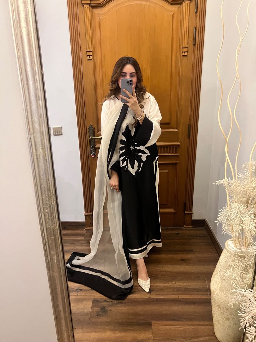 Black and ivory kaftan with an ivory organza dupatta