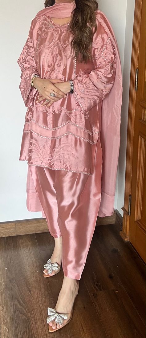 Rose silk shirt with cutwork and shalwar